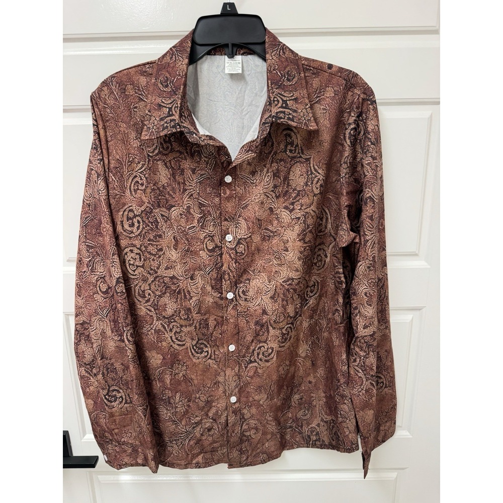Women’s Large Polyester Blouse Button Front Brown Print NWOT